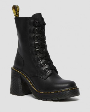 Dr. Martens Chesney Leather Flared Heel Lace Up Boots Czarne | SN-DM84378