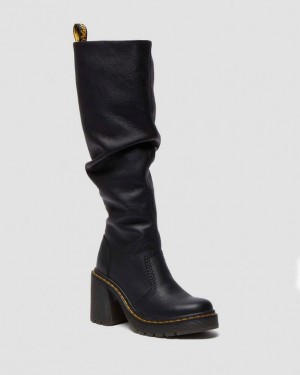 Dr. Martens Kasey Virginia Leather Tall Heeled Boots Czarne | SN-DM84394