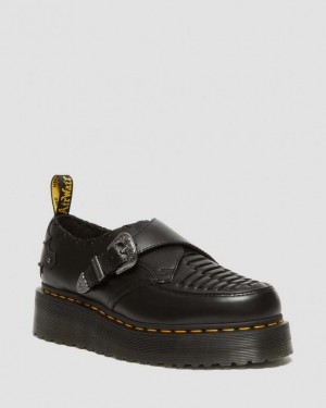 Dr. Martens Ramsey Woven Smooth Leather Platform Creepers Czarne | SN-DM84534
